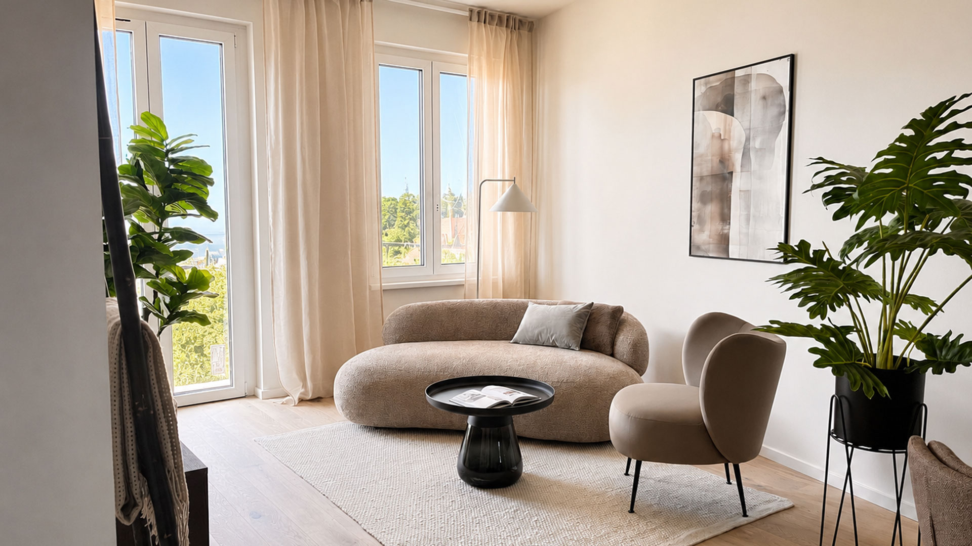Wohnzimmer der Musterwohnung im Zwieseler Hof